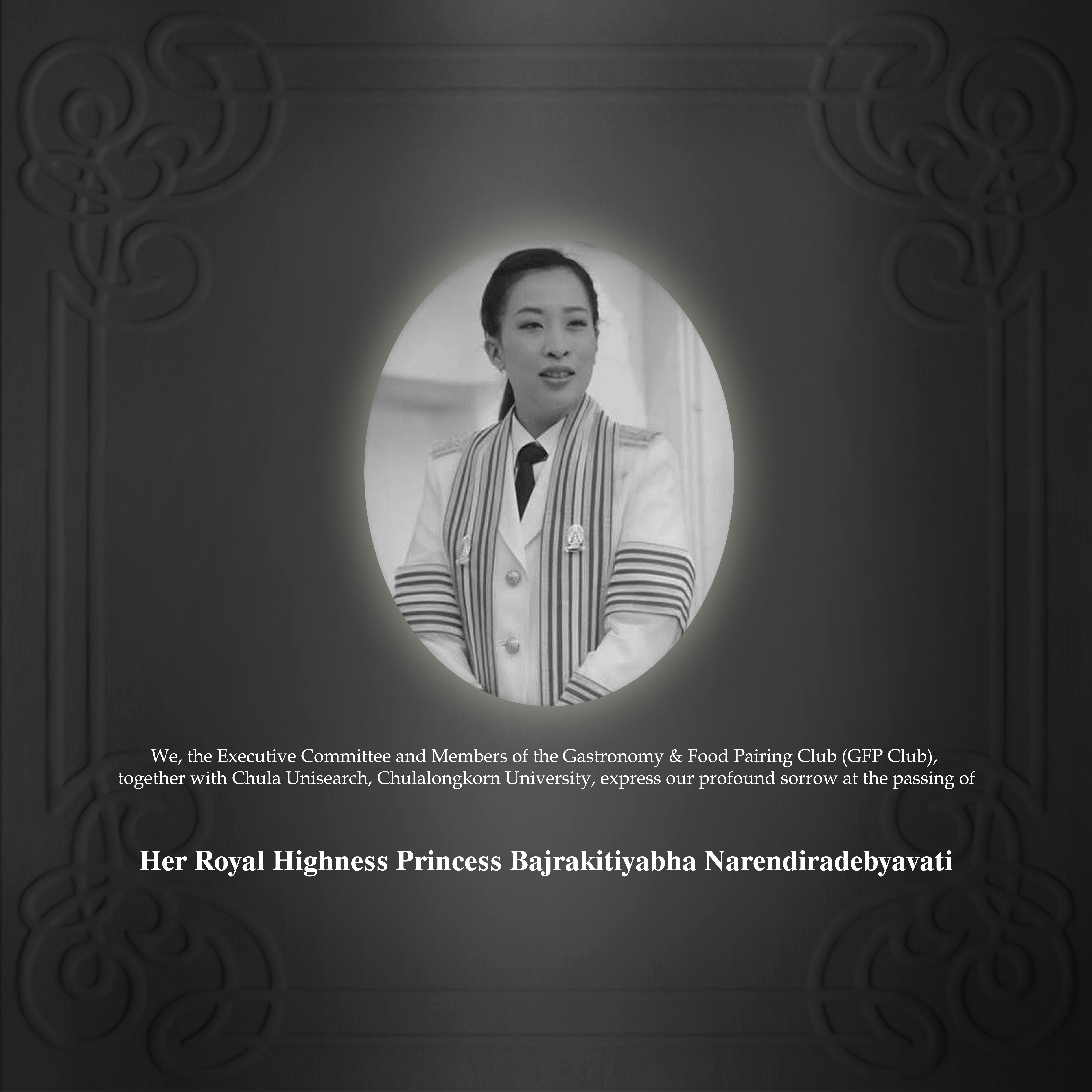 Memorial announcement for Her Royal Highness Princess Bajrakitiyabha Narendiradebyavati
